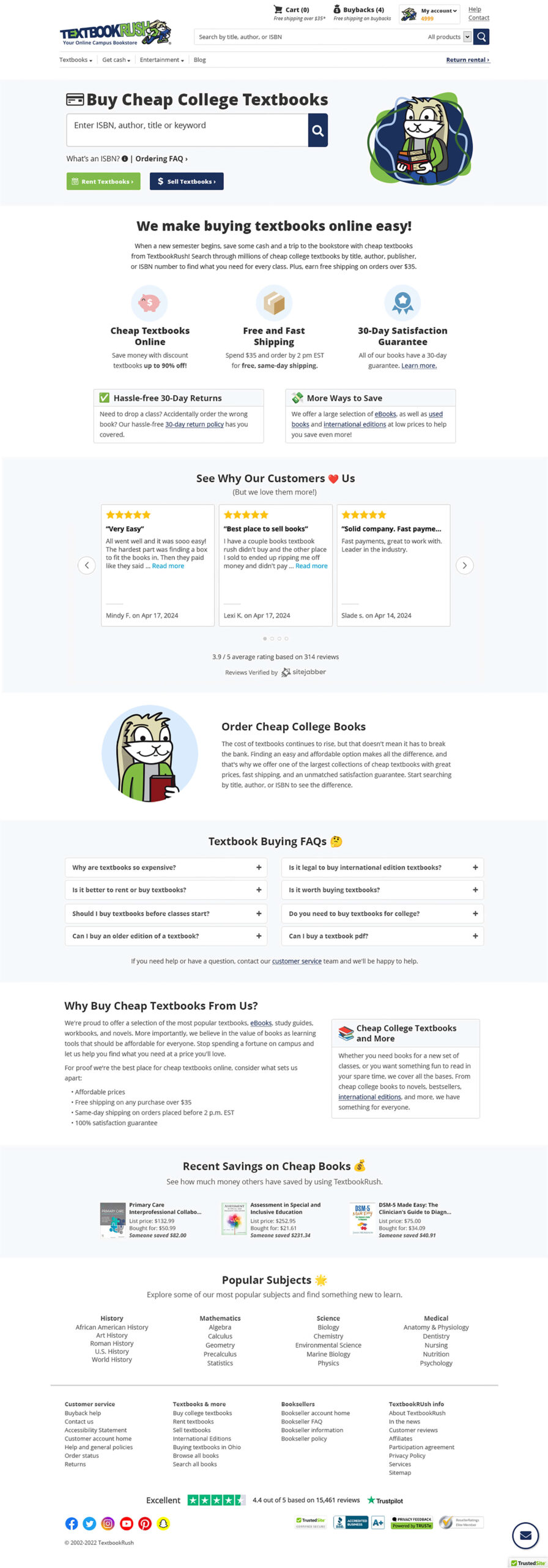 Screenshot of an updated TextbookRush Landing Page