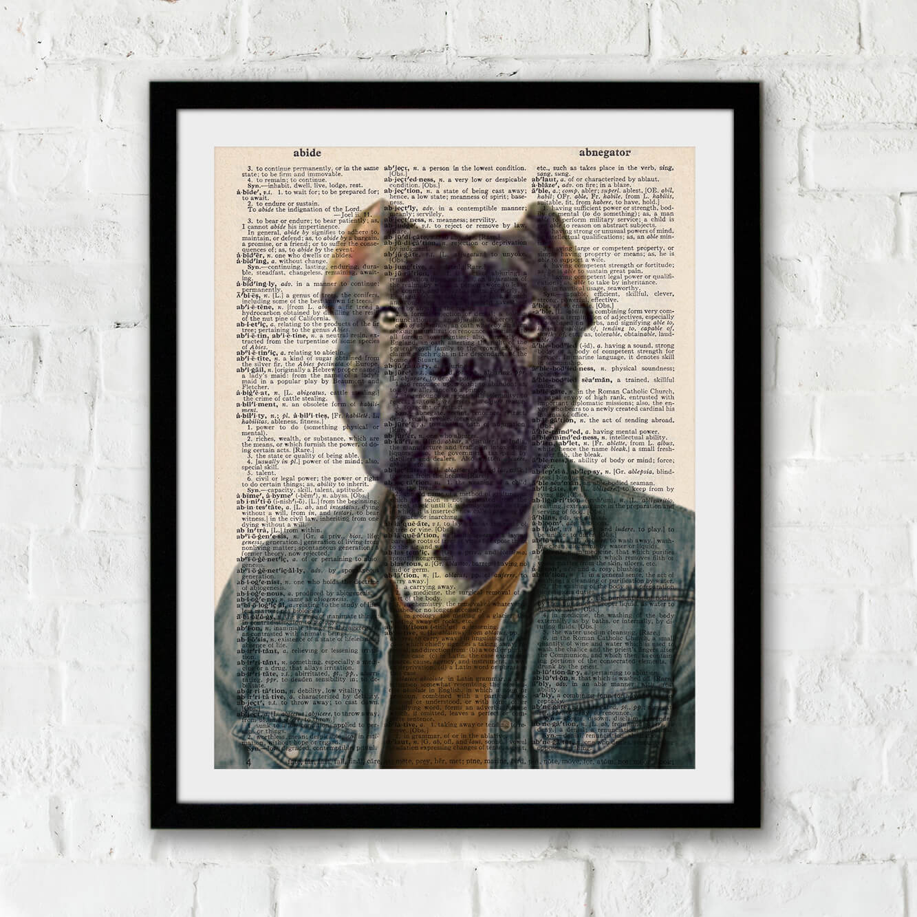 A portrait of a dog wearing hipster clothing