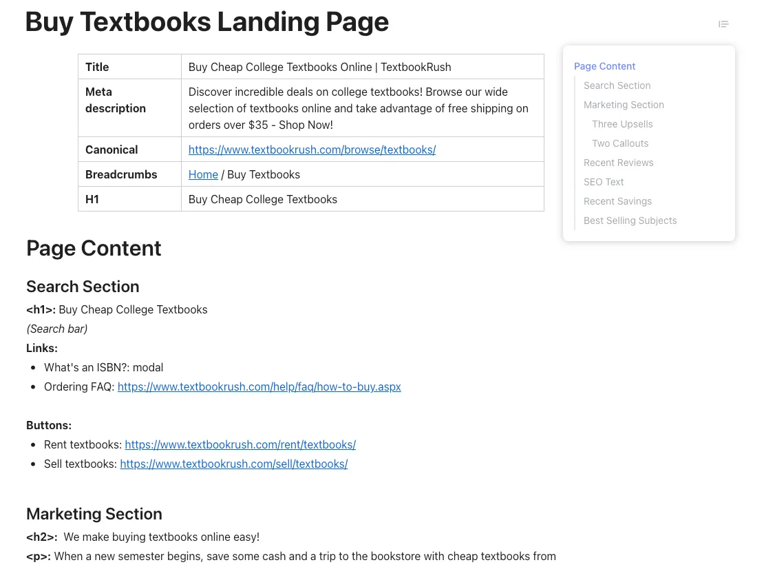 Screenshot of the Content Outline for an updated landing page