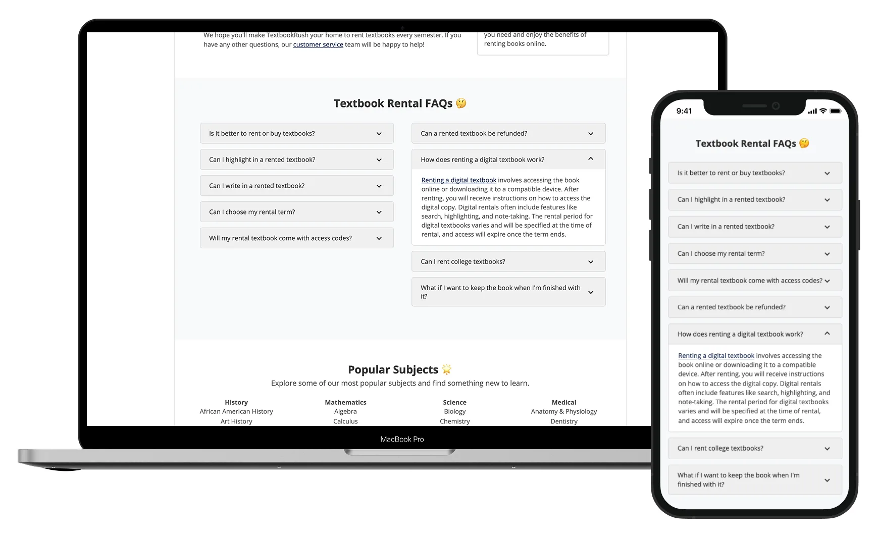 Screenshots of the FAQ section of a landing page on a laptop and a mobile device