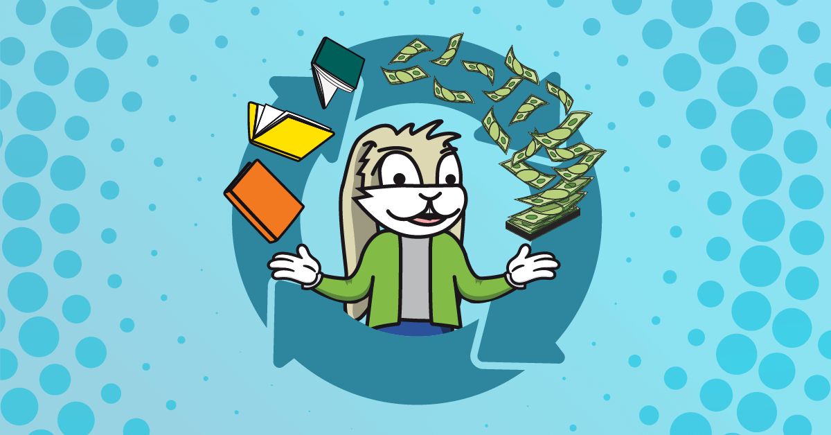 Image of Rush the Rabbit in a circle of arrows with books and money above him