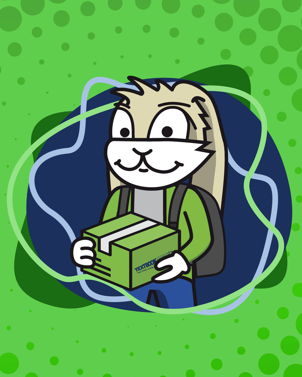 Rush the Rabbit holding a TextbookRush box